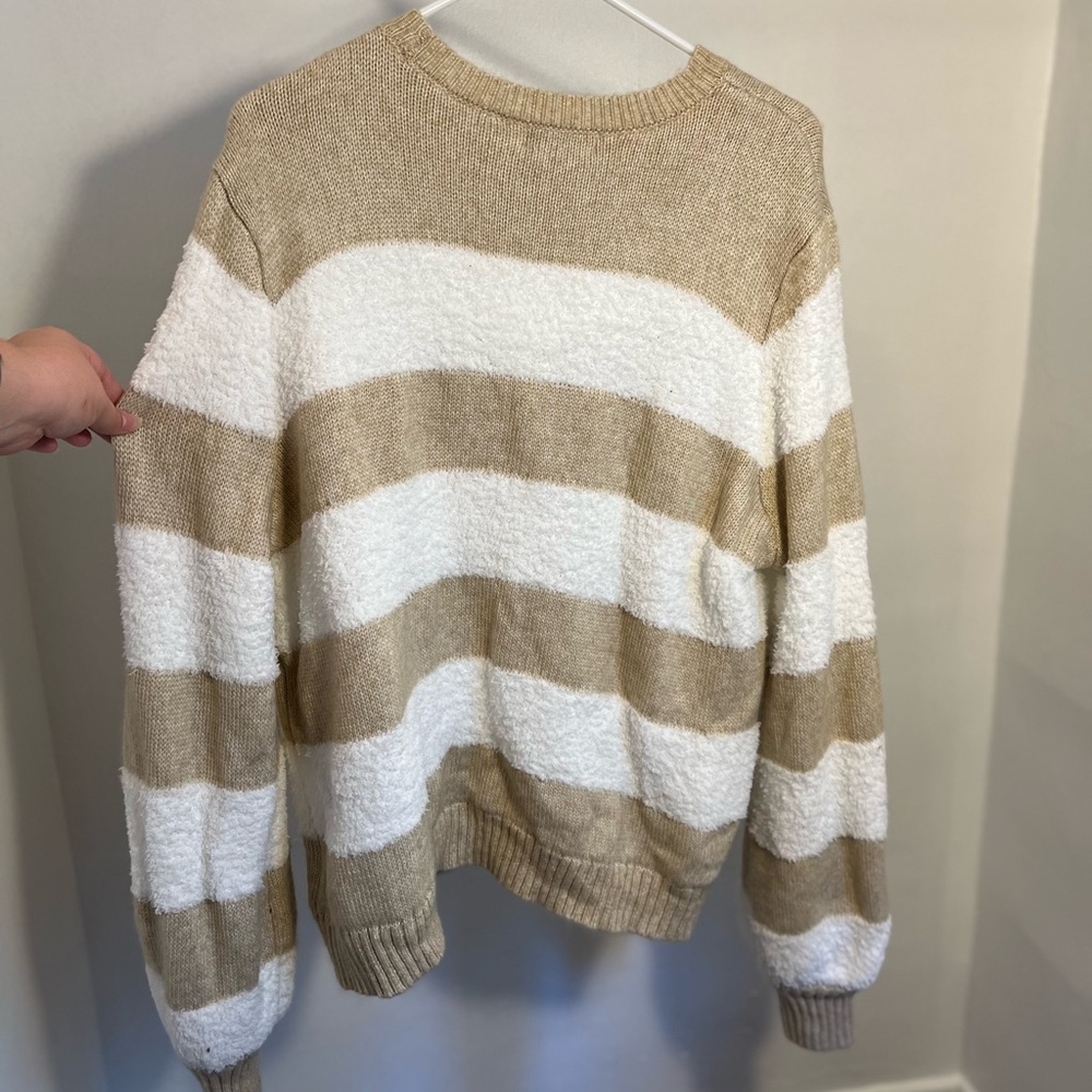 Lauren Lane X SONOMA long sleeved tan and white sweater, Size XL.